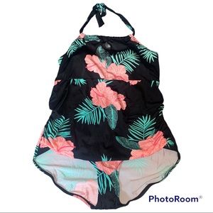 NWT Plus Size Tummy Toning One Piece Halter Tropical Floral Swimsuit